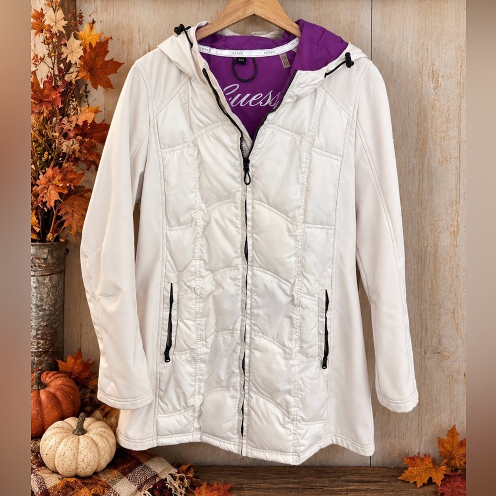 Guess Cream Hooded Puffer Coat with Purple Lining